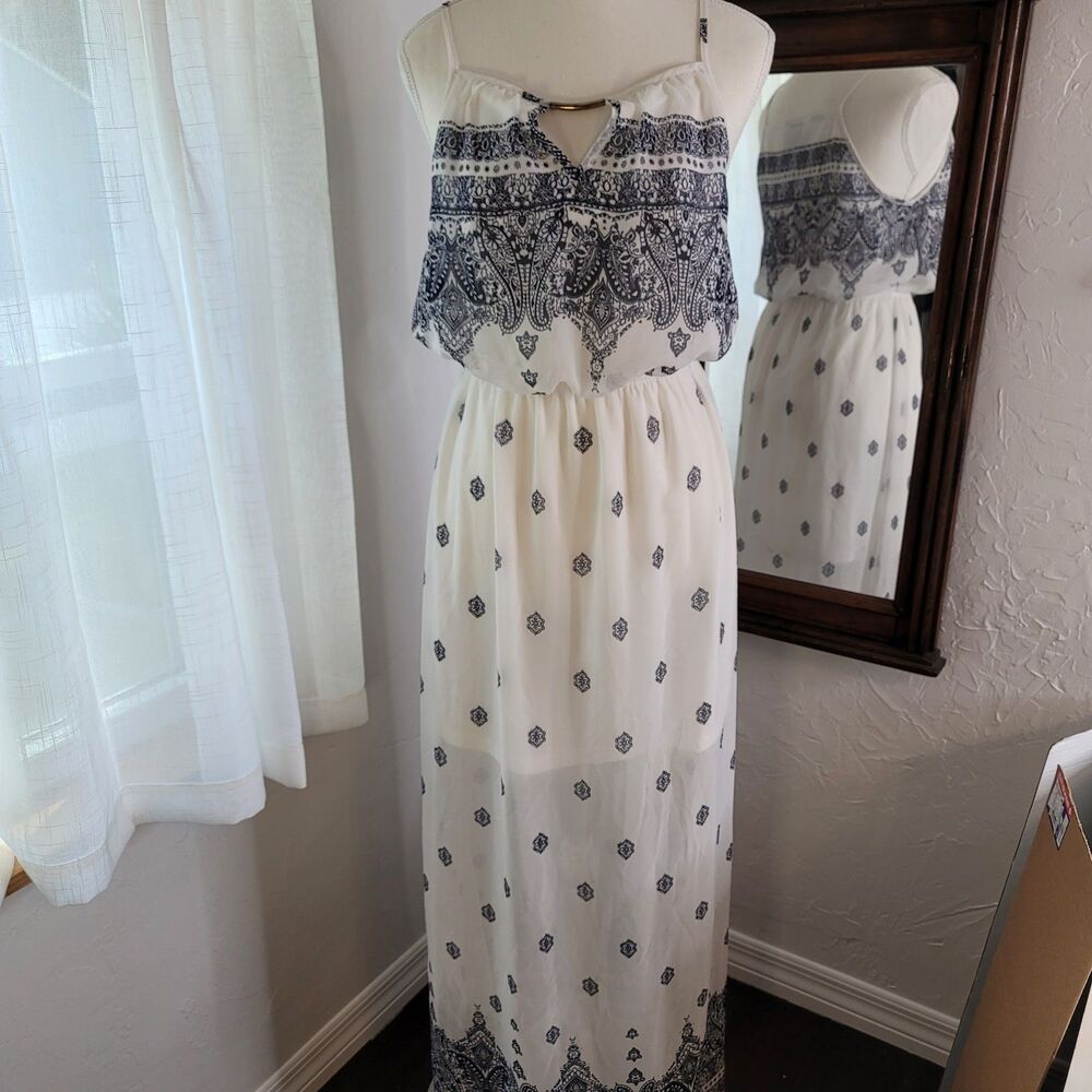 Sheer White Maxi Dress Blue Boho Flowy Side Slit Lined Beach Summer Babydoll M